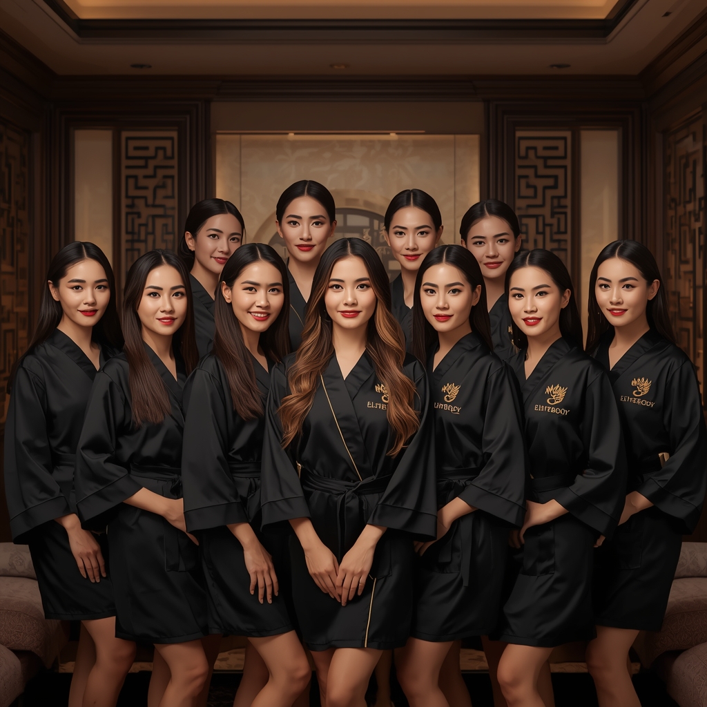 Семь красивых массажисток в черных халатах с золотым логотипом EliteBody в восточном интерьере массажной комнаты